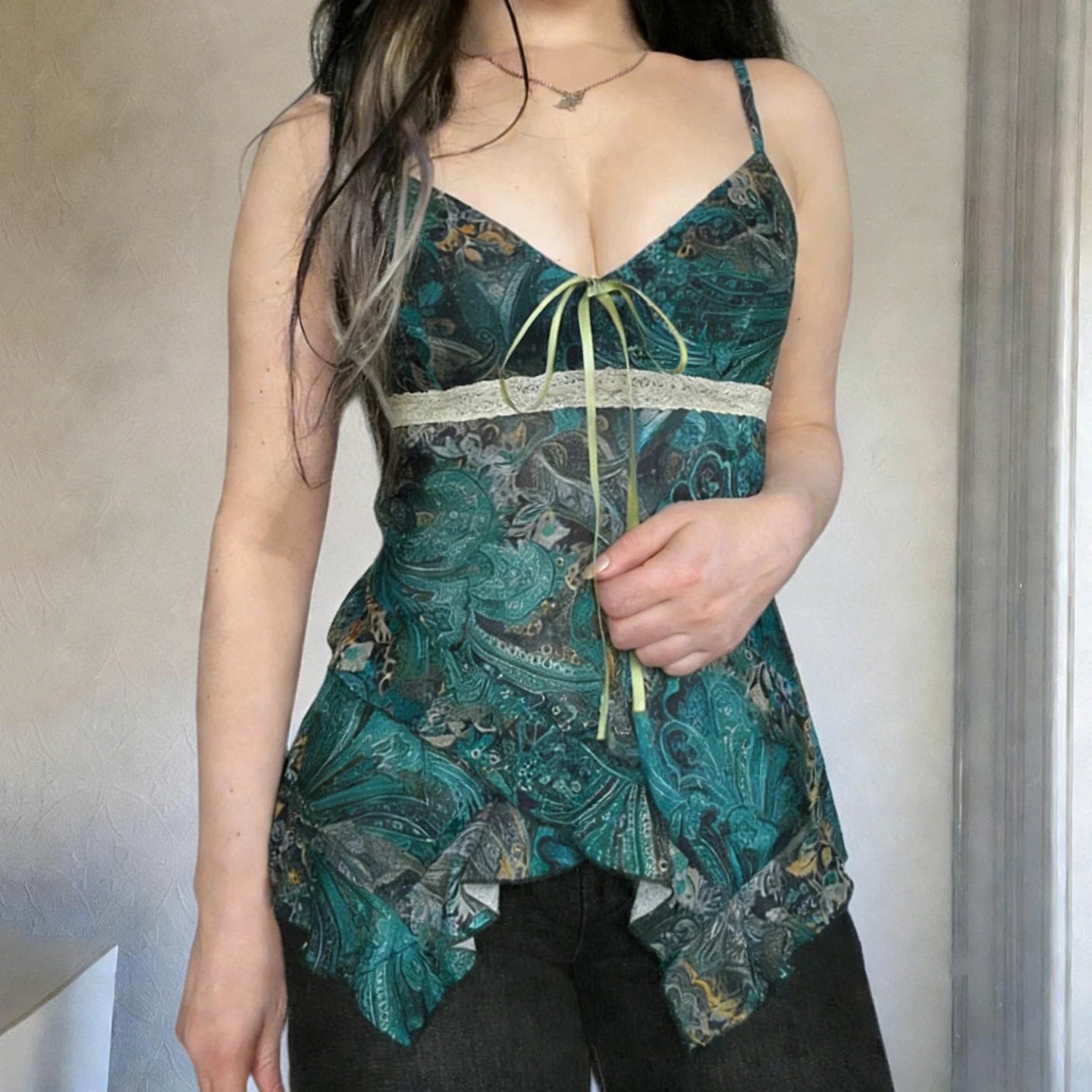 Trendy Breathable Knitted Camisole Color Block Floral Print with Front Bow Tie & Sheer Mesh High Waist - Zeprah