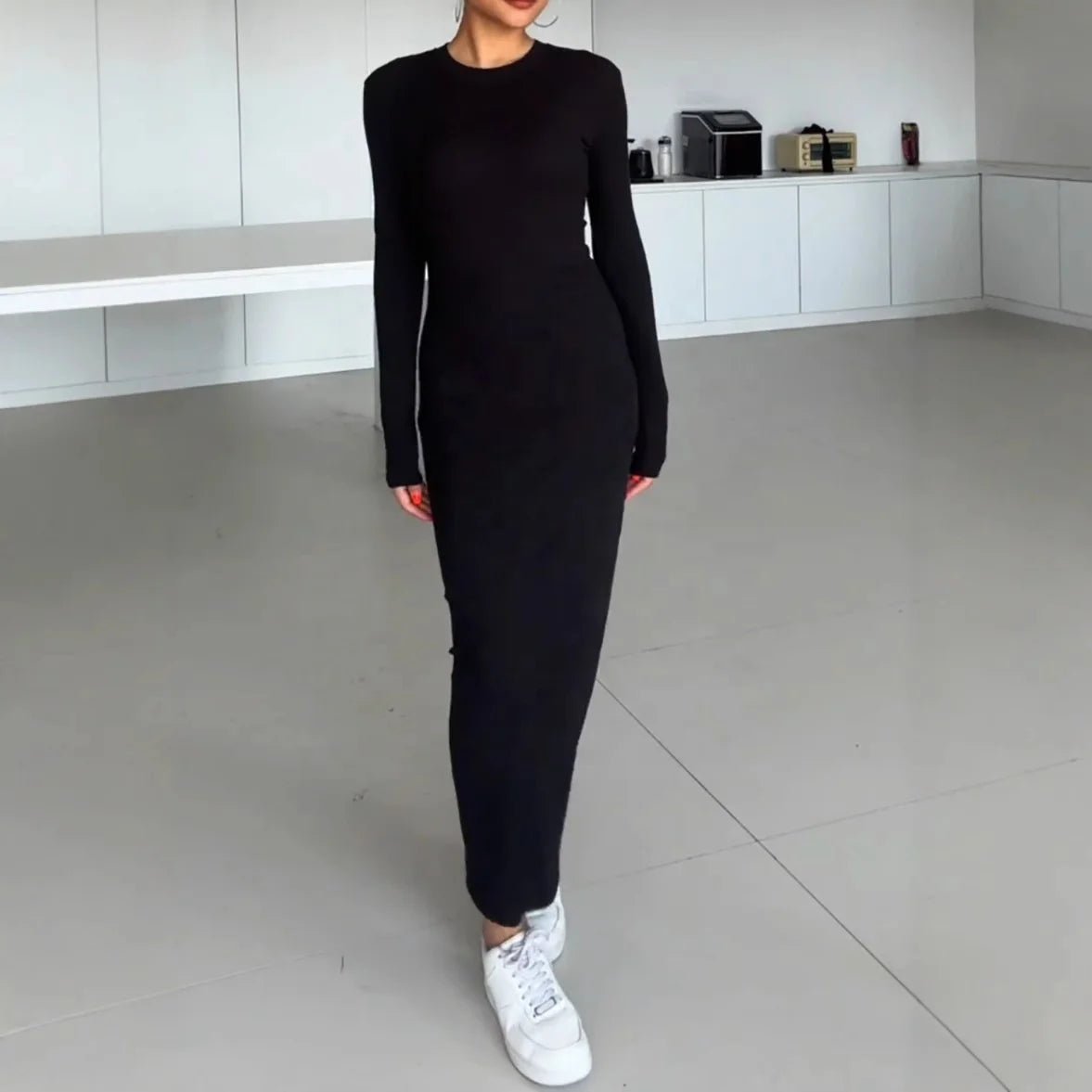 Trendy Hot Girl Crew Neck Dress Long Sleeve Slim Fit Bodycon Maxi Figure - Flattering Essential Slimming Long Dress for Women - Zeprah