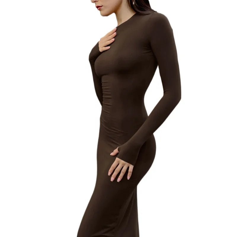 Trendy Hot Girl Crew Neck Dress Long Sleeve Slim Fit Bodycon Maxi Figure - Flattering Essential Slimming Long Dress for Women - Zeprah