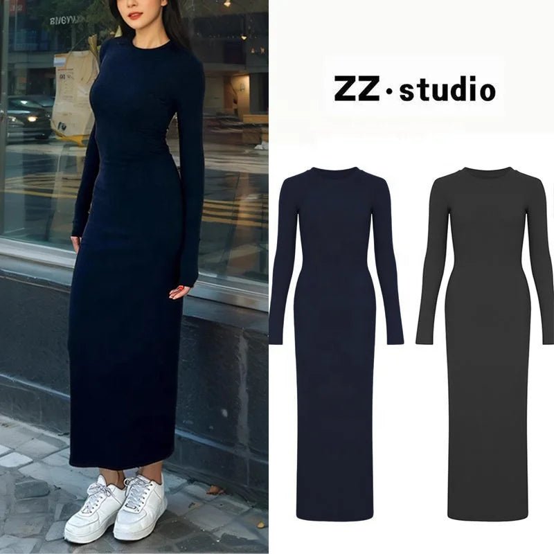 Trendy Hot Girl Crew Neck Dress Long Sleeve Slim Fit Bodycon Maxi Figure - Flattering Essential Slimming Long Dress for Women - Zeprah