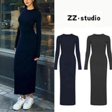 Trendy Hot Girl Crew Neck Dress Long Sleeve Slim Fit Bodycon Maxi Figure - Flattering Essential Slimming Long Dress for Women - Zeprah