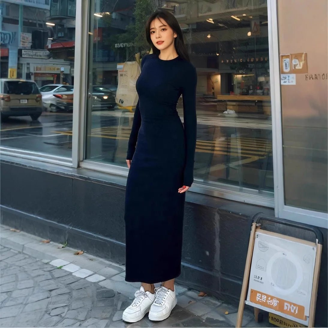 Trendy Hot Girl Crew Neck Dress Long Sleeve Slim Fit Bodycon Maxi Figure - Flattering Essential Slimming Long Dress for Women - Zeprah