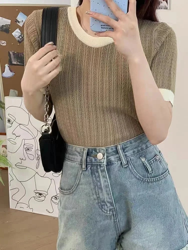 Trendy Tops for Women Comfortable Contrasting Colors Women's T-shirts Simple Short - sleeved T-shirt - Zeprah