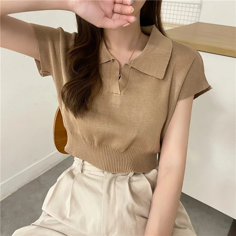 Turn - down Collar Graphic Tee Knitted Tops for Women Versatile Short - sleeved Blouse - Zeprah