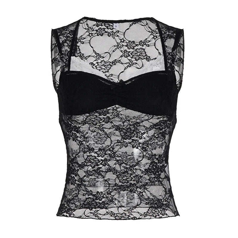 Two Piece Look Breathable Floral Lace Camisole V - neck Sexy Sheer Stretchy Sleeveless Top for Women Summer - Zeprah