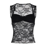 Two Piece Look Breathable Floral Lace Camisole V - neck Sexy Sheer Stretchy Sleeveless Top for Women Summer - Zeprah