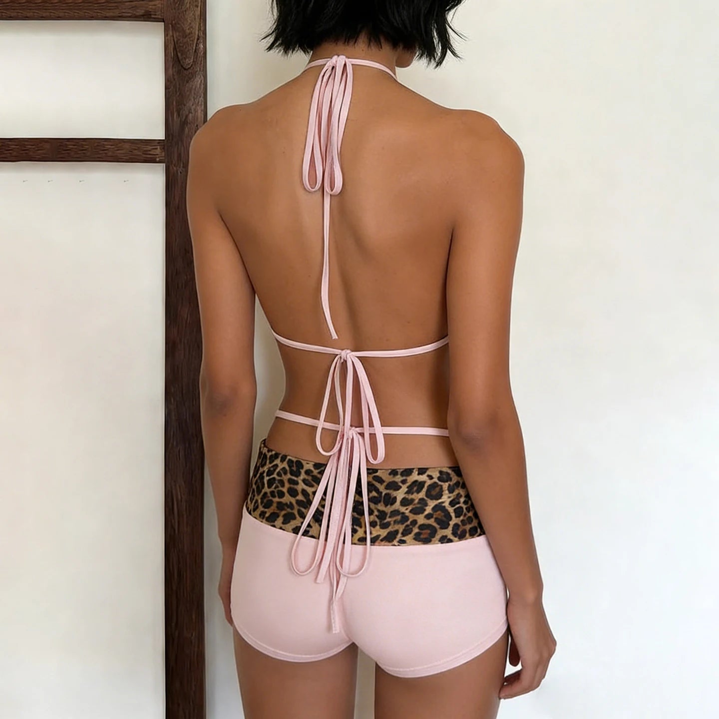 Two Piece Set Leopard Print Sexy Backless Halter Top Low Rise Shorts Beach Bikini Skinny Knitting Button - Zeprah