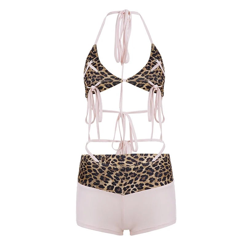 Two Piece Set Leopard Print Sexy Backless Halter Top Low Rise Shorts Beach Bikini Skinny Knitting Button - Zeprah