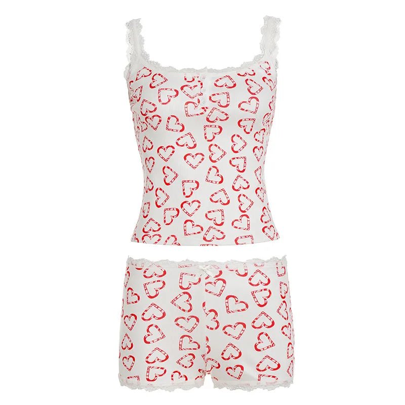Two Piece Set Womens Casual Basic Knit Loungewear Above Knee Short Camisole Slim Shorts Heart Lace Trim Eco - Friendly Breathable - Zeprah