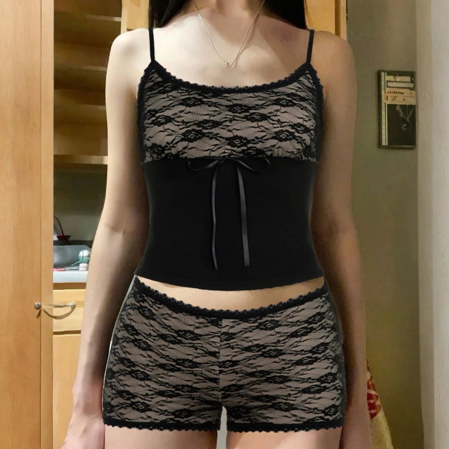 Two - Piece Set Women's Casual Solid Cami Top with Chest Bow Tie and Skinny Shorts Above Knee Summer - Zeprah