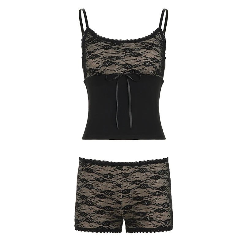 Two - Piece Set Women's Casual Solid Cami Top with Chest Bow Tie and Skinny Shorts Above Knee Summer - Zeprah