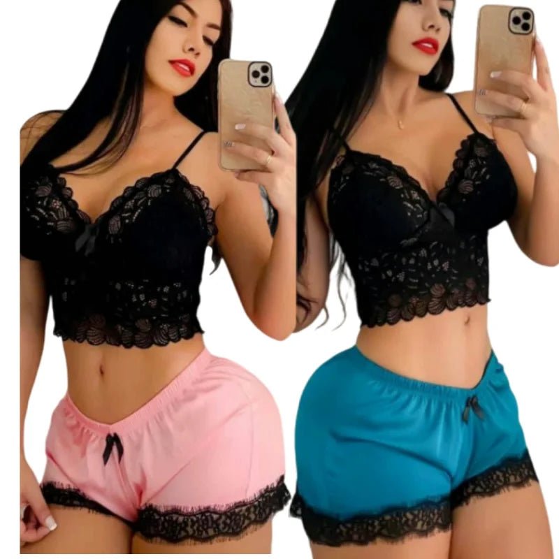 Two - piece Sexy Lace Trim Cami and Shorts Pajama Set Women's Sleepwear - Zeprah