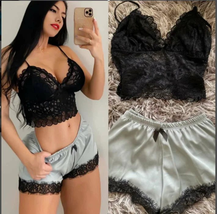 Two - piece Sexy Lace Trim Cami and Shorts Pajama Set Women's Sleepwear - Zeprah