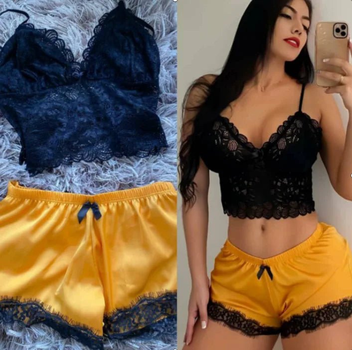 Two - piece Sexy Lace Trim Cami and Shorts Pajama Set Women's Sleepwear - Zeprah