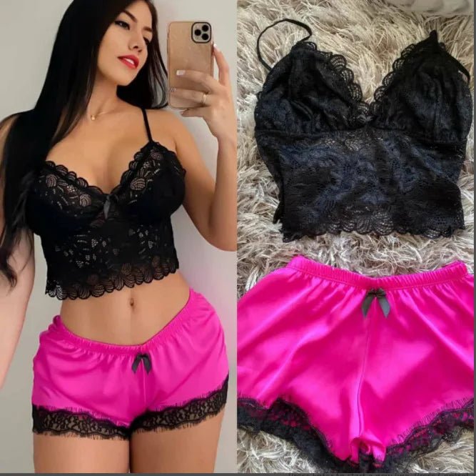 Two - piece Sexy Lace Trim Cami and Shorts Pajama Set Women's Sleepwear - Zeprah