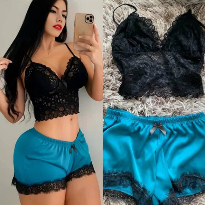 Two - piece Sexy Lace Trim Cami and Shorts Pajama Set Women's Sleepwear - Zeprah