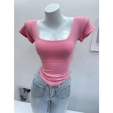 U Neck T-shirt Plain New Design Short Sleeve T-shirt Slimming Women's Clothing - Zeprah