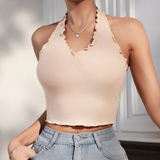 Ruffle Trim Seamless Halter Crop Top
