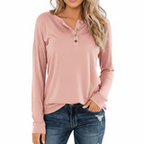 Long Sleeve Button-Placket Top - Women’s Long-Sleeve Buttoned Henley Top in Neutral Color