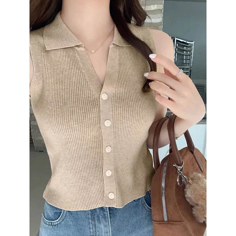 V - neck Elegant Women Tank Top Vintage Premium Quality Knitted Tank Top Hot - selling Sleeveless Tops - Zeprah