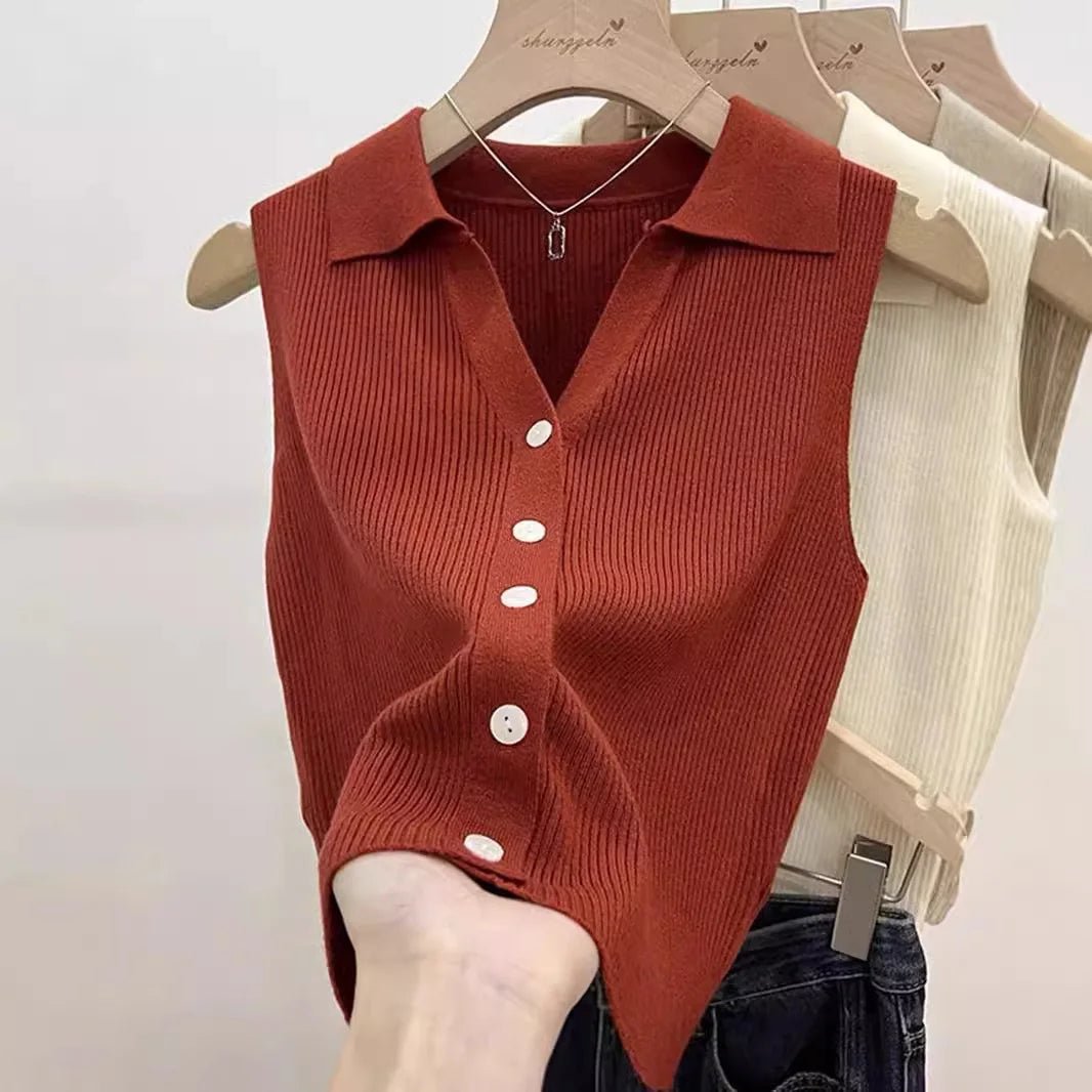 V - neck Elegant Women Tank Top Vintage Premium Quality Knitted Tank Top Hot - selling Sleeveless Tops - Zeprah