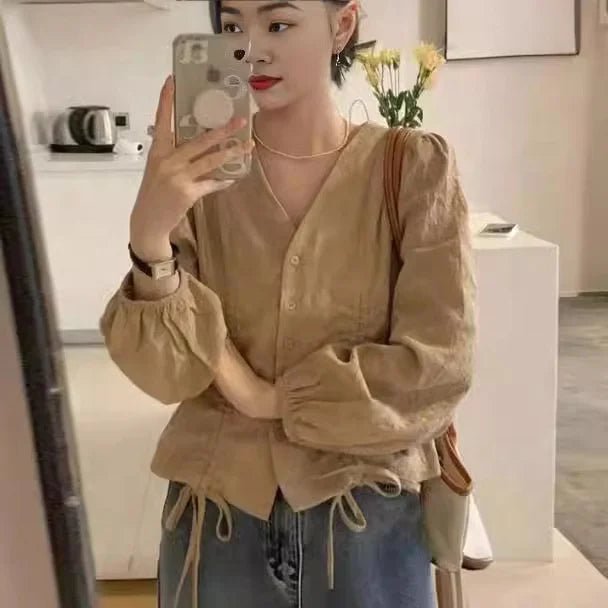 V - neck Henley shirt French - style best - selling lady's shirt New design leisure shirt - Zeprah