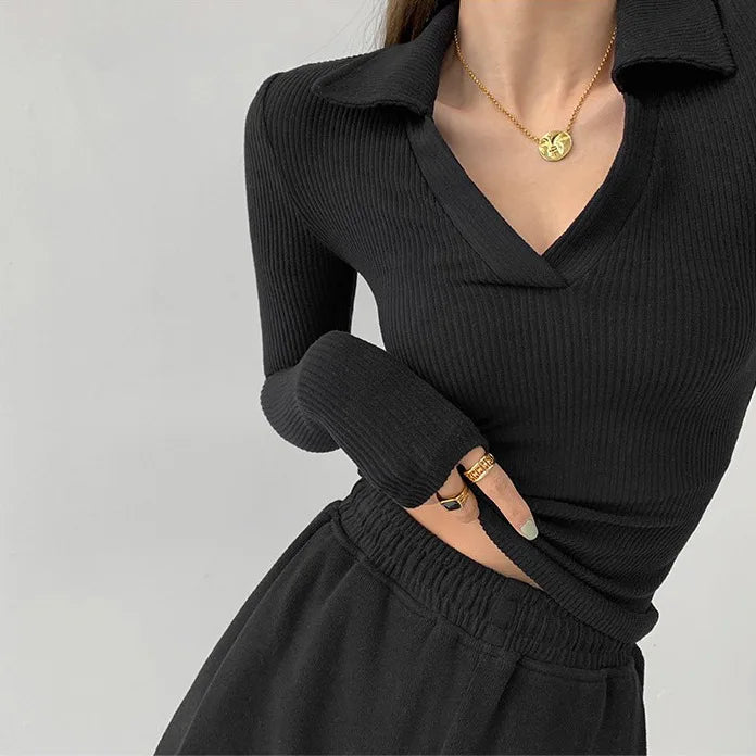 V - neck Long - sleeved Top Classic Long Sleeve Base Shirt Slim - fit Long - sleeved T-shirts - Zeprah