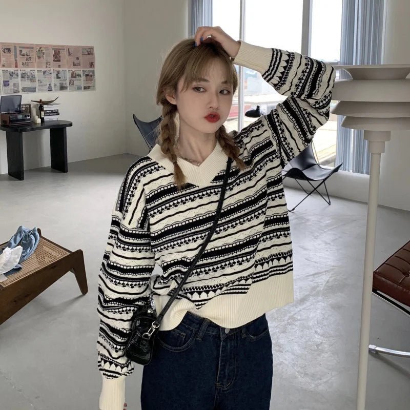 V - neck Loose Outerwear Coat Slouchy Pullover Vintage Ladies' Knitted Sweaters Top - Zeprah