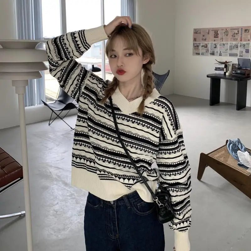 V - neck Loose Outerwear Coat Slouchy Pullover Vintage Ladies' Knitted Sweaters Top - Zeprah