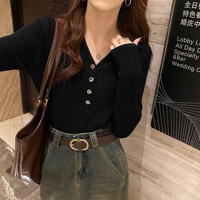 V - neck Sweater Base Classic Solid Crop Top Slim - fit Long Sleeve T-shirt - Zeprah