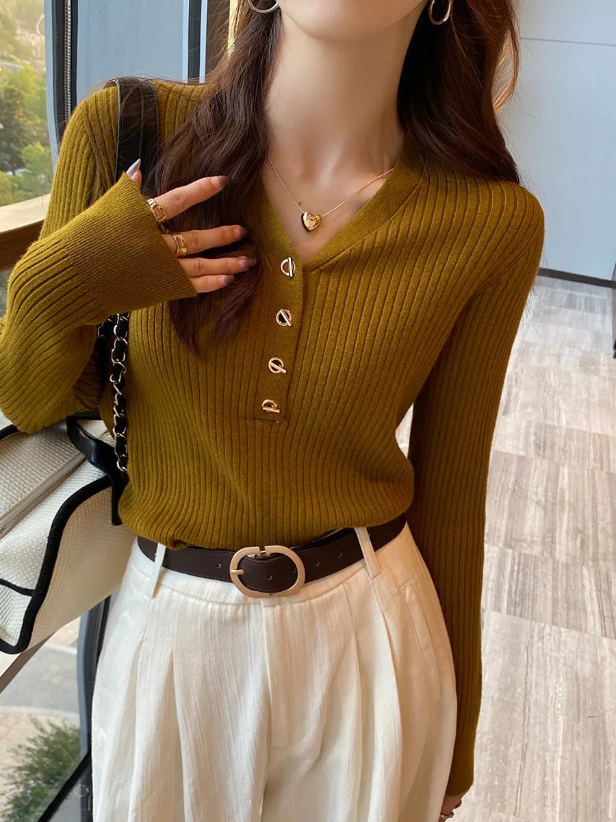V - neck Sweater Base Classic Solid Crop Top Slim - fit Long Sleeve T-shirt - Zeprah