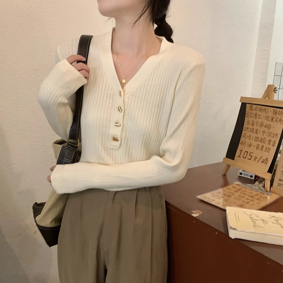 V - neck Sweater Base Classic Solid Crop Top Slim - fit Long Sleeve T-shirt - Zeprah