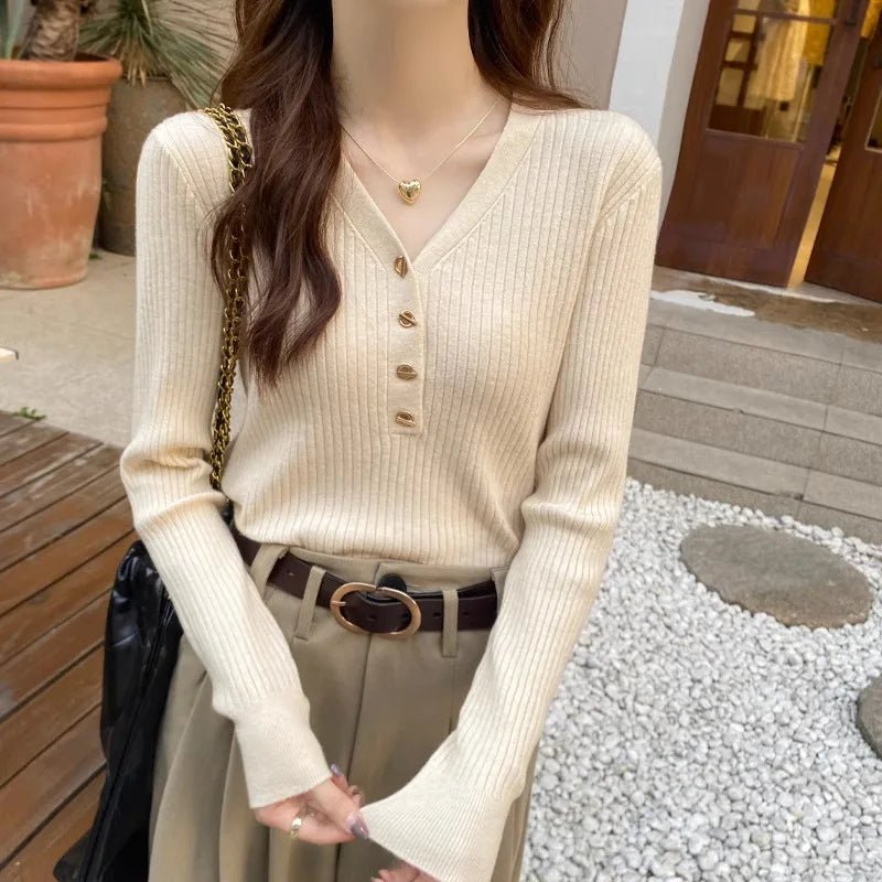 V - neck Sweater Base Classic Solid Crop Top Slim - fit Long Sleeve T-shirt - Zeprah