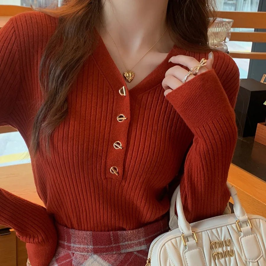 V - neck Sweater Base Classic Solid Crop Top Slim - fit Long Sleeve T-shirt - Zeprah