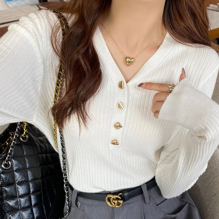 V - neck Sweater Base Classic Solid Crop Top Slim - fit Long Sleeve T-shirt - Zeprah