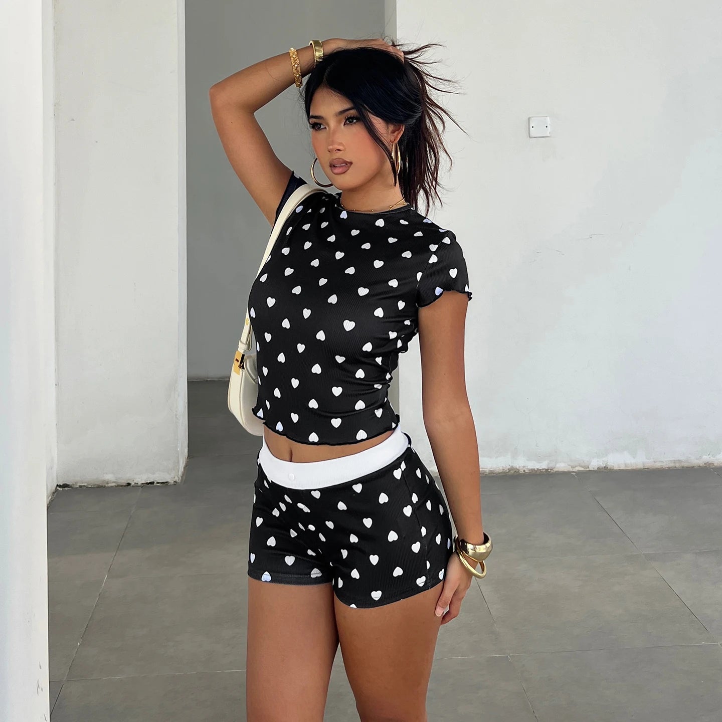 Valentine's Day Women's Pajama Set - 2 - Piece Knitting Sleepwear Short Sleeve Crop Top Comfort Shorts Breathable Skinny Fit - Zeprah