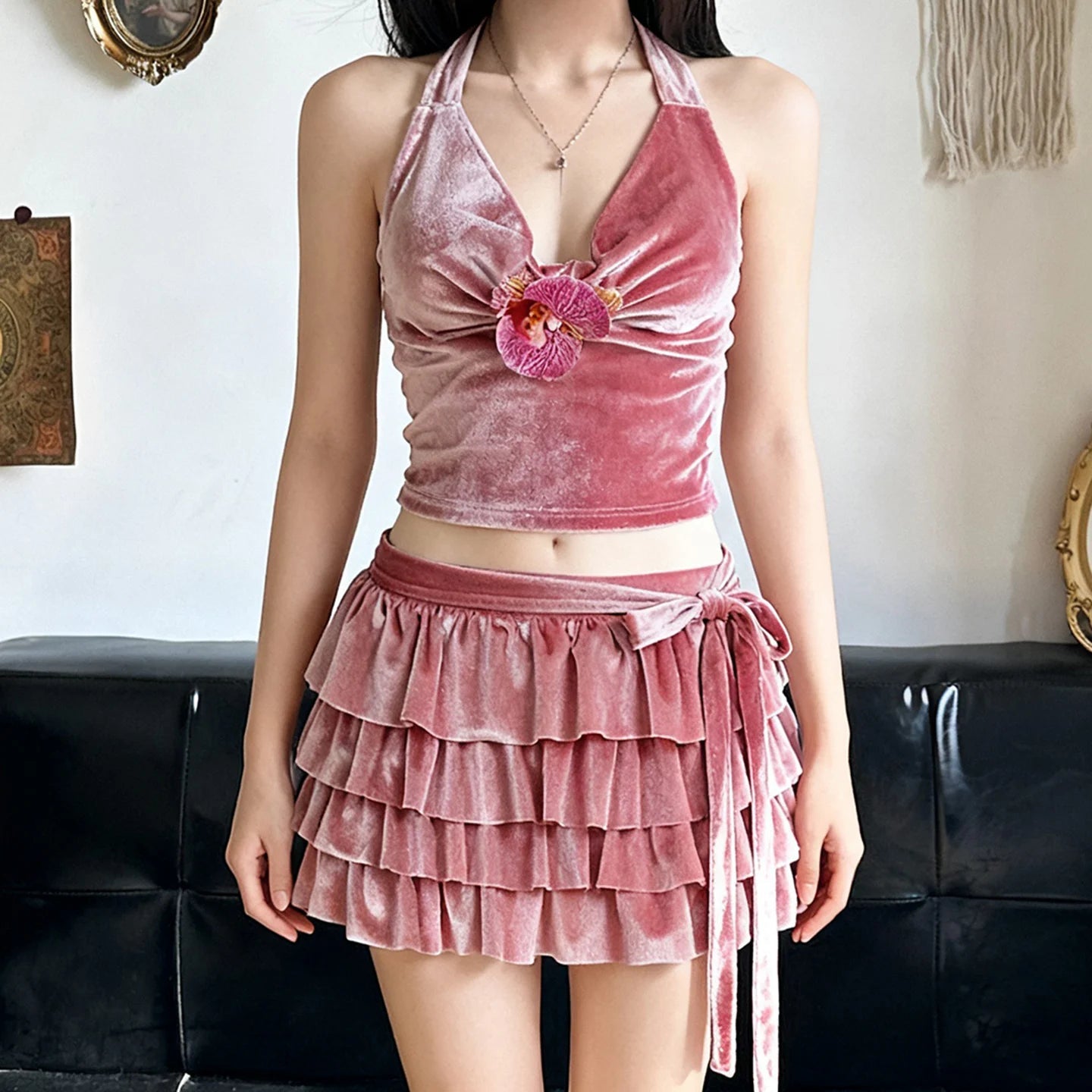 Velvet Solid Casual Two - Piece Set Sexy Backless Halter Top with 3D Flower Tiered Mini Skirt Eco - Friendly Y2K Holiday Outfit - Zeprah