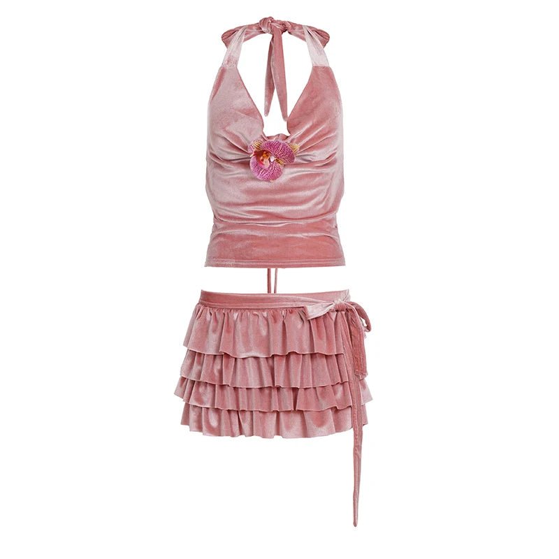 Velvet Solid Casual Two - Piece Set Sexy Backless Halter Top with 3D Flower Tiered Mini Skirt Eco - Friendly Y2K Holiday Outfit - Zeprah