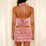 Velvet Solid Casual Two - Piece Set Sexy Backless Halter Top with 3D Flower Tiered Mini Skirt Eco - Friendly Y2K Holiday Outfit - Zeprah