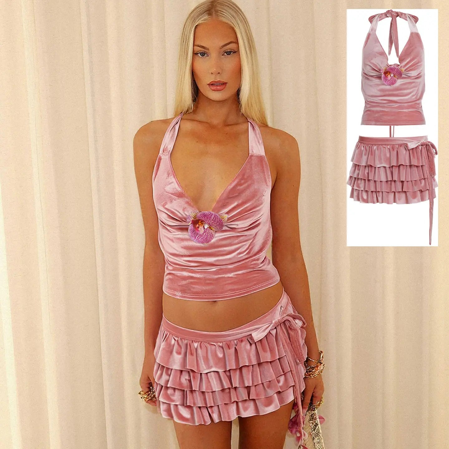 Velvet Solid Casual Two - Piece Set Sexy Backless Halter Top with 3D Flower Tiered Mini Skirt Eco - Friendly Y2K Holiday Outfit - Zeprah
