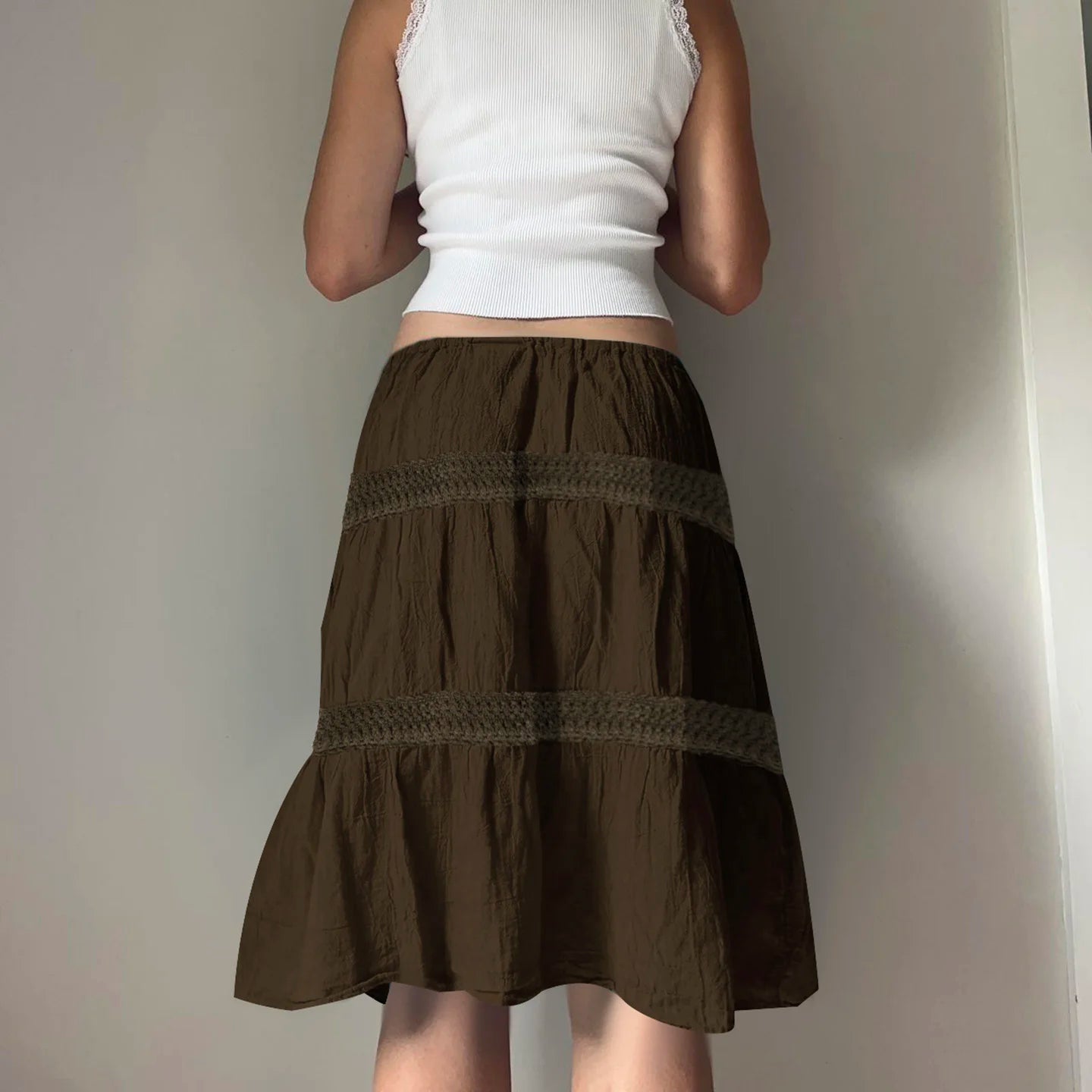 Vintage Brown Beaded Dropped Waist A - Line Woven Tiered Knee - Length Skirt with Lace Trim Factory - Zeprah
