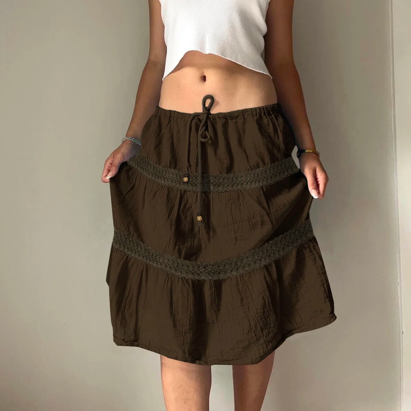 Vintage Brown Beaded Dropped Waist A - Line Woven Tiered Knee - Length Skirt with Lace Trim Factory - Zeprah