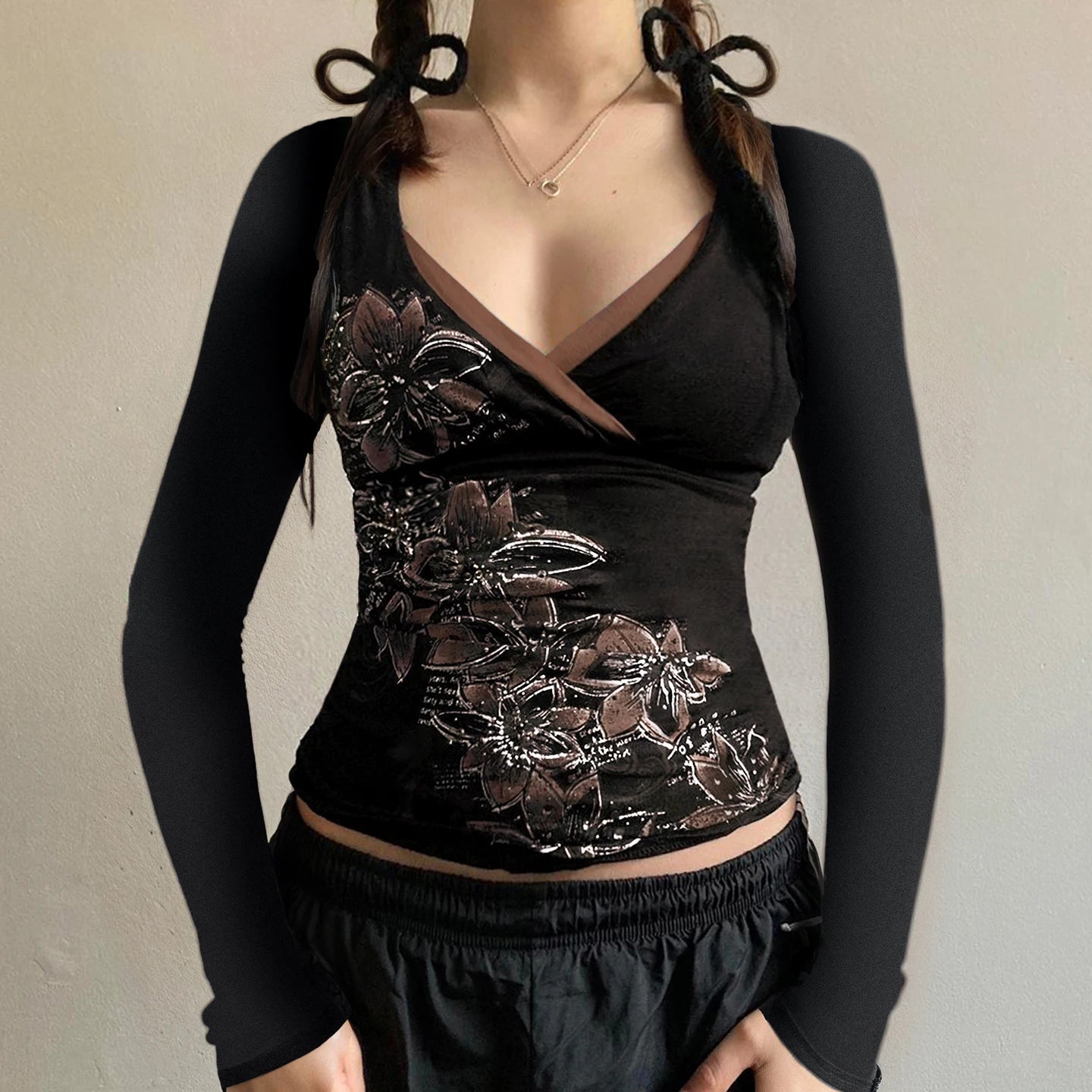 Vintage Digital Printing Plant Print V - Neck Slim Fit Long Sleeve Anti - UV Quick Dry Autumn Knit Contrast Trim Pullover Sweater - Zeprah