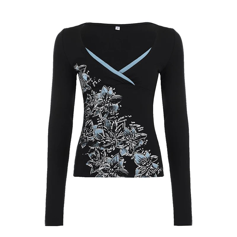 Vintage Digital Printing Plant Print V - Neck Slim Fit Long Sleeve Anti - UV Quick Dry Autumn Knit Contrast Trim Pullover Sweater - Zeprah