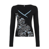 Vintage Digital Printing Plant Print V - Neck Slim Fit Long Sleeve Anti - UV Quick Dry Autumn Knit Contrast Trim Pullover Sweater - Zeprah