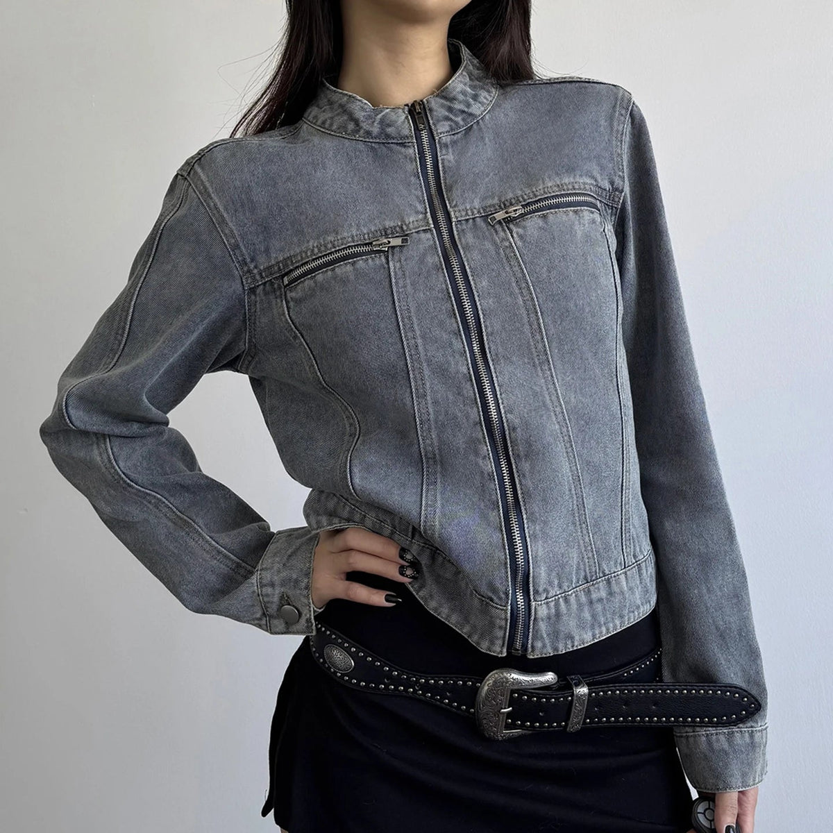 Vintage Distressed Washed Denim Jacket Stand Collar Zip Long Sleeve Windproof Modern Street Casual Autumn Outerwear - Zeprah
