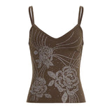 Vintage Floral Rhinestone Knitted Eco - Friendly Stretchy Slim - Fit Cami Top - Zeprah