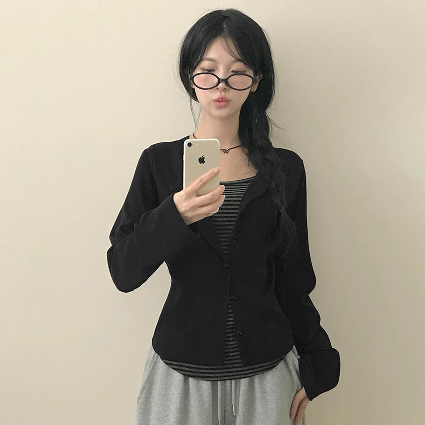 Vintage Knitted Stripe Print Cutout Top Women's T-shirt | Korean New Style Button Front Slim Fit Full Sleeve False Breathable - Zeprah