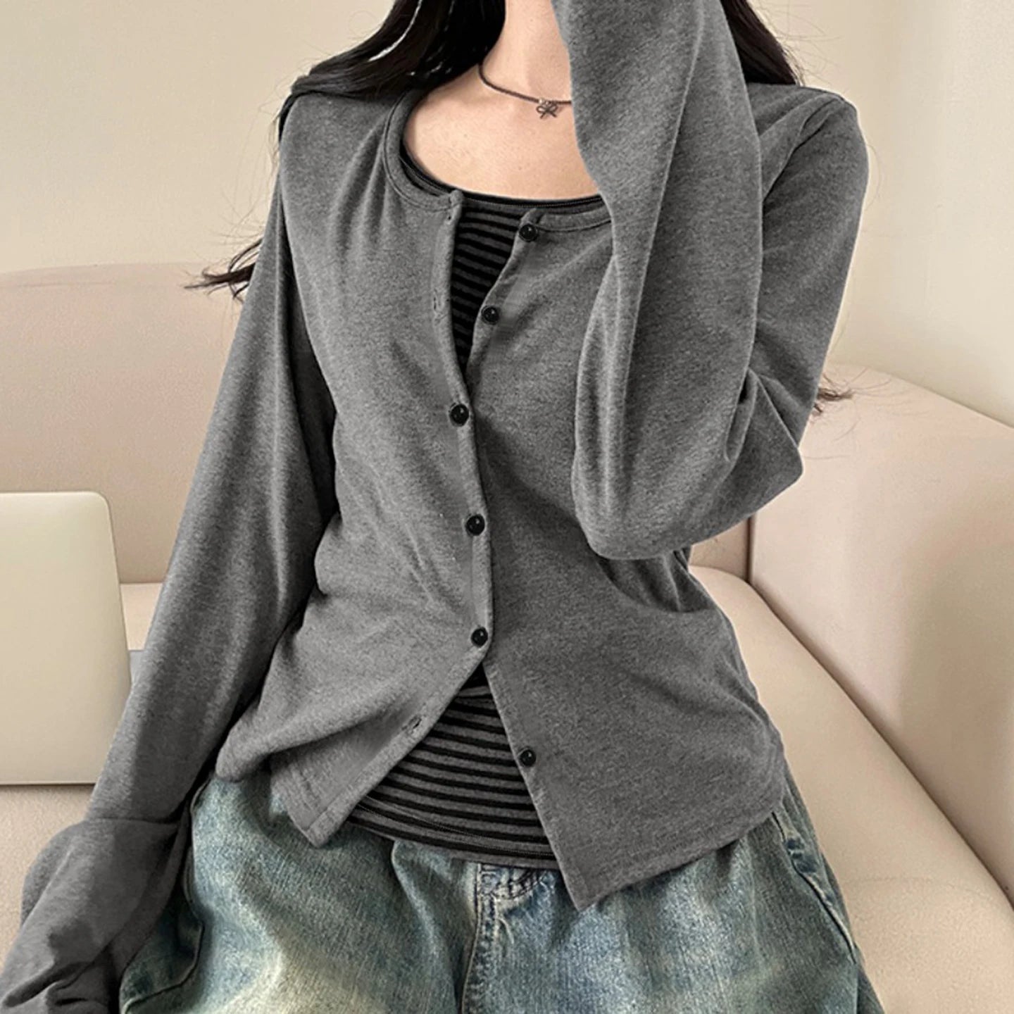Vintage Knitted Stripe Print Cutout Top Women's T-shirt | Korean New Style Button Front Slim Fit Full Sleeve False Breathable - Zeprah