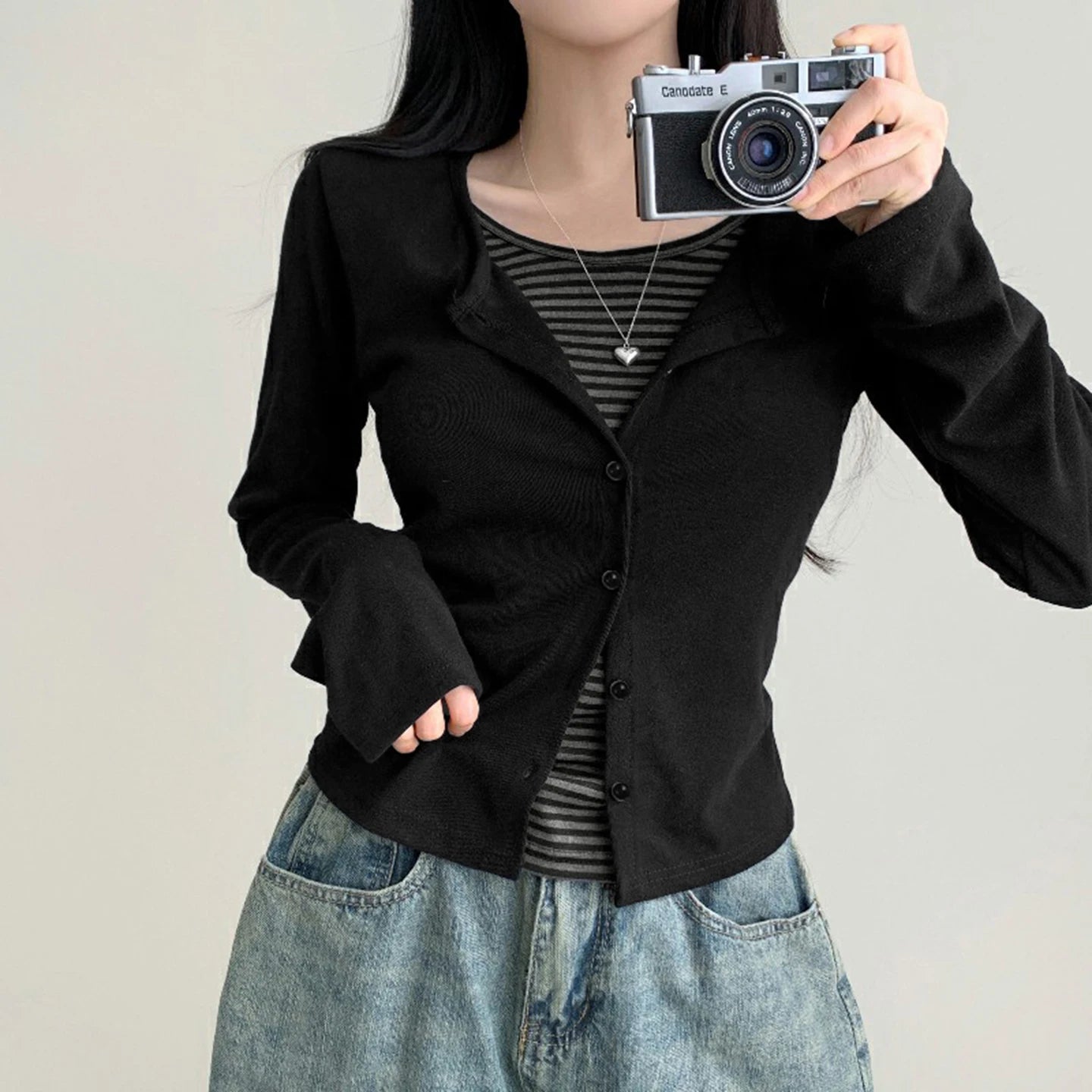 Vintage Knitted Stripe Print Cutout Top Women's T-shirt | Korean New Style Button Front Slim Fit Full Sleeve False Breathable - Zeprah